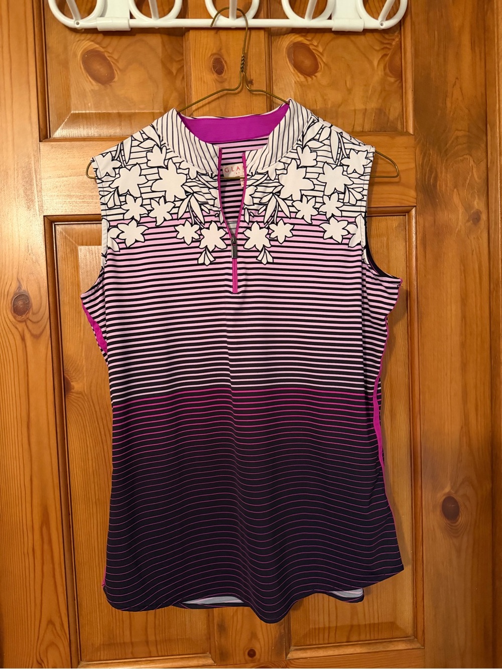 Sleeveless Pink Ombre Striped Tank with Floral Yoke